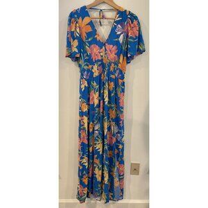 NWT Abel The Label Blue Star Maxi Dress Flutter Sleeve Pink Tropical Large